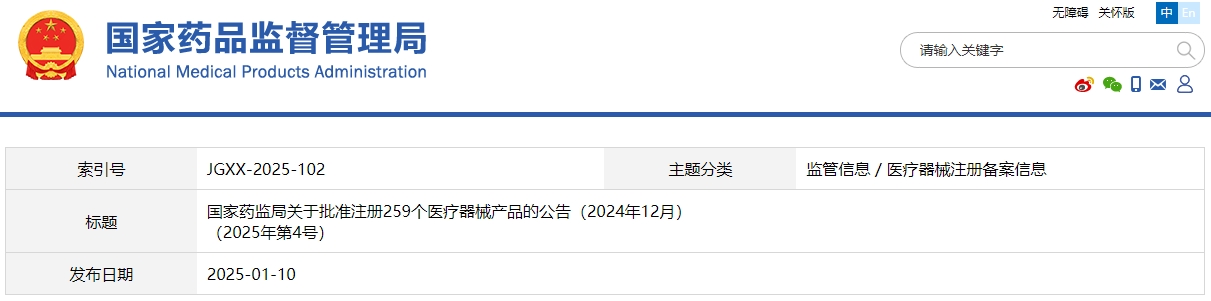國家藥監(jiān)局關(guān)于批準(zhǔn)注冊259個醫(yī)療器械產(chǎn)品的公告（2024年12月）(圖1)